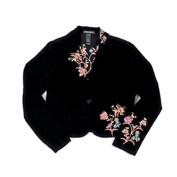 Bisou Bisou Black Small Wale Floral Embroidered Corduroy Jacket Womens Large - Picture 6 of 10